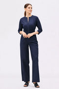 Nams-Ropa zip-front cotton poplin jumpsuit with elastic waist and straight-leg design, ideal for casual or work wear.