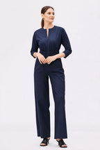 Nams-Ropa zip-front cotton poplin jumpsuit with elastic waist and straight-leg design, ideal for casual or work wear.