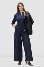 Nams-Ropa zip-front cotton poplin jumpsuit with elastic waist and straight-leg design, ideal for casual or work wear.