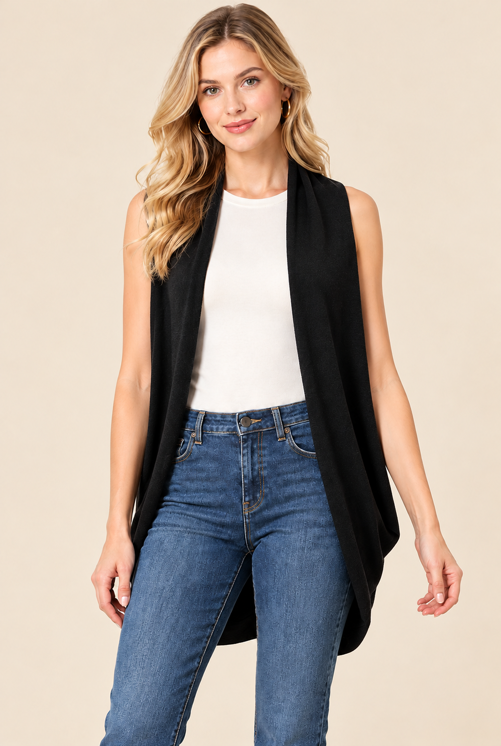Women's Black Wool Knit Cardigan with Open Front and Relaxed Fit
