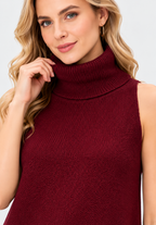 Women's Burgundy Wool Knit Sleeveless Turtleneck Tunic Top