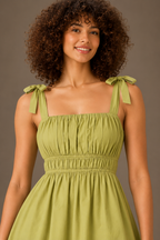 Olive Green Cotton Smocked Midi Dress