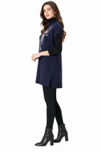 women's navy blue sweater knit embroidered sleeveless tunic