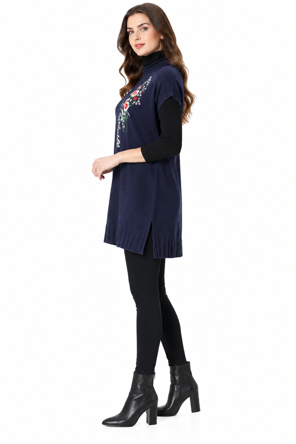women's navy blue sweater knit embroidered sleeveless tunic