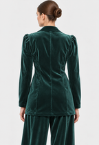 Women's Teal Green Velvet Belted Blazer Jacket with Puff Sleeves | Elegant Winter Outerwear