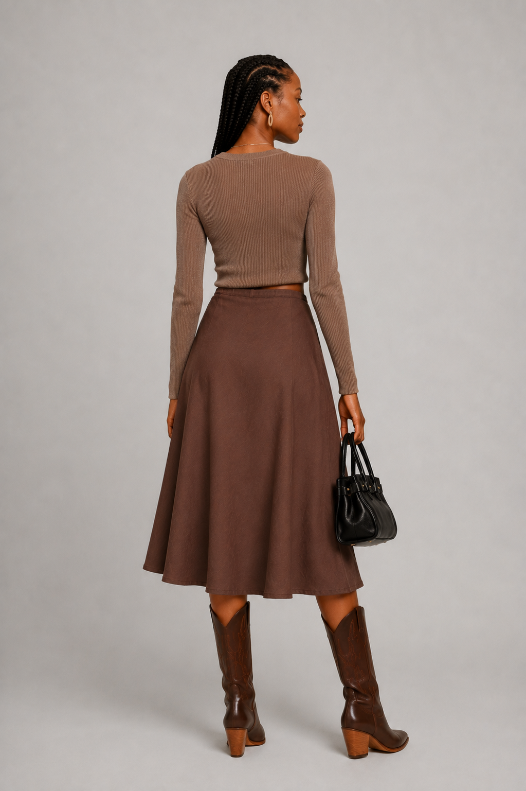 Chocolate Brown Drawstring A-Line Midi Skirt