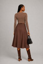 Chocolate Brown Drawstring A-Line Midi Skirt
