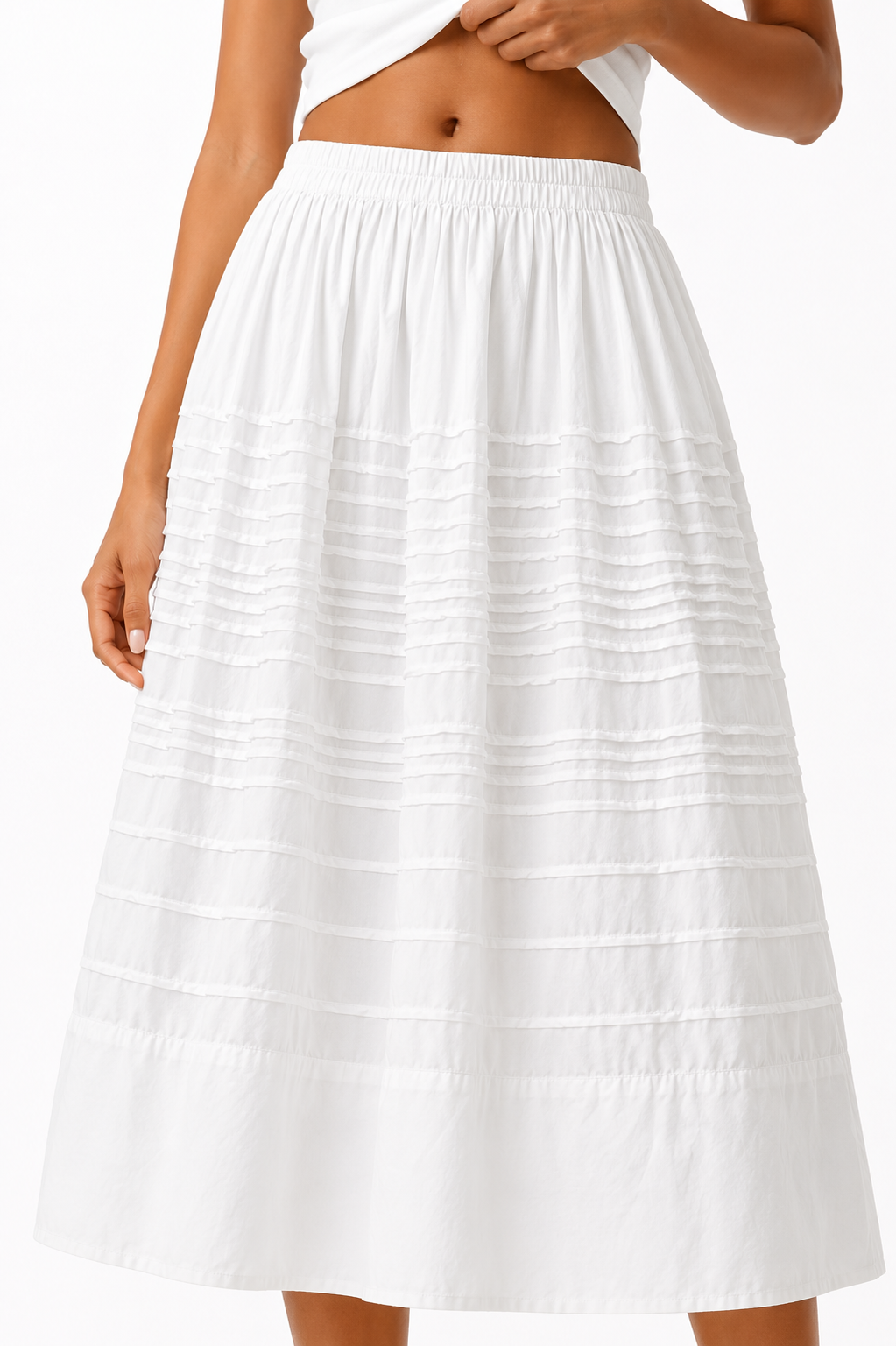 White Pintuck A-Line Midi Skirt