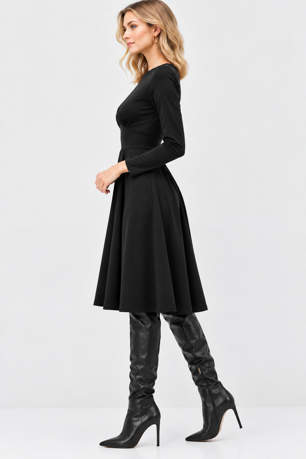 women's black cotton jersey long sleeve fit and flare midi dress