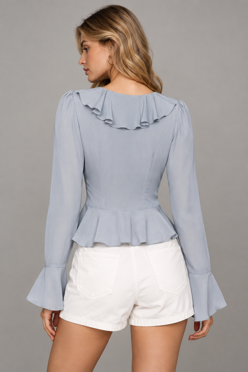 Light Blue Polyester Ruffle Peplum Blouse