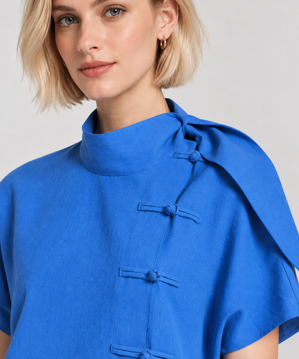 Women’s Blue Cotton Mandarin Collar Tie-Detail Top