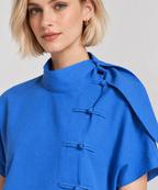 Women’s Blue Cotton Mandarin Collar Tie-Detail Top
