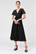 Women’s Black Sequin Embellished V-Neck Midi Dress with Flared Skirt