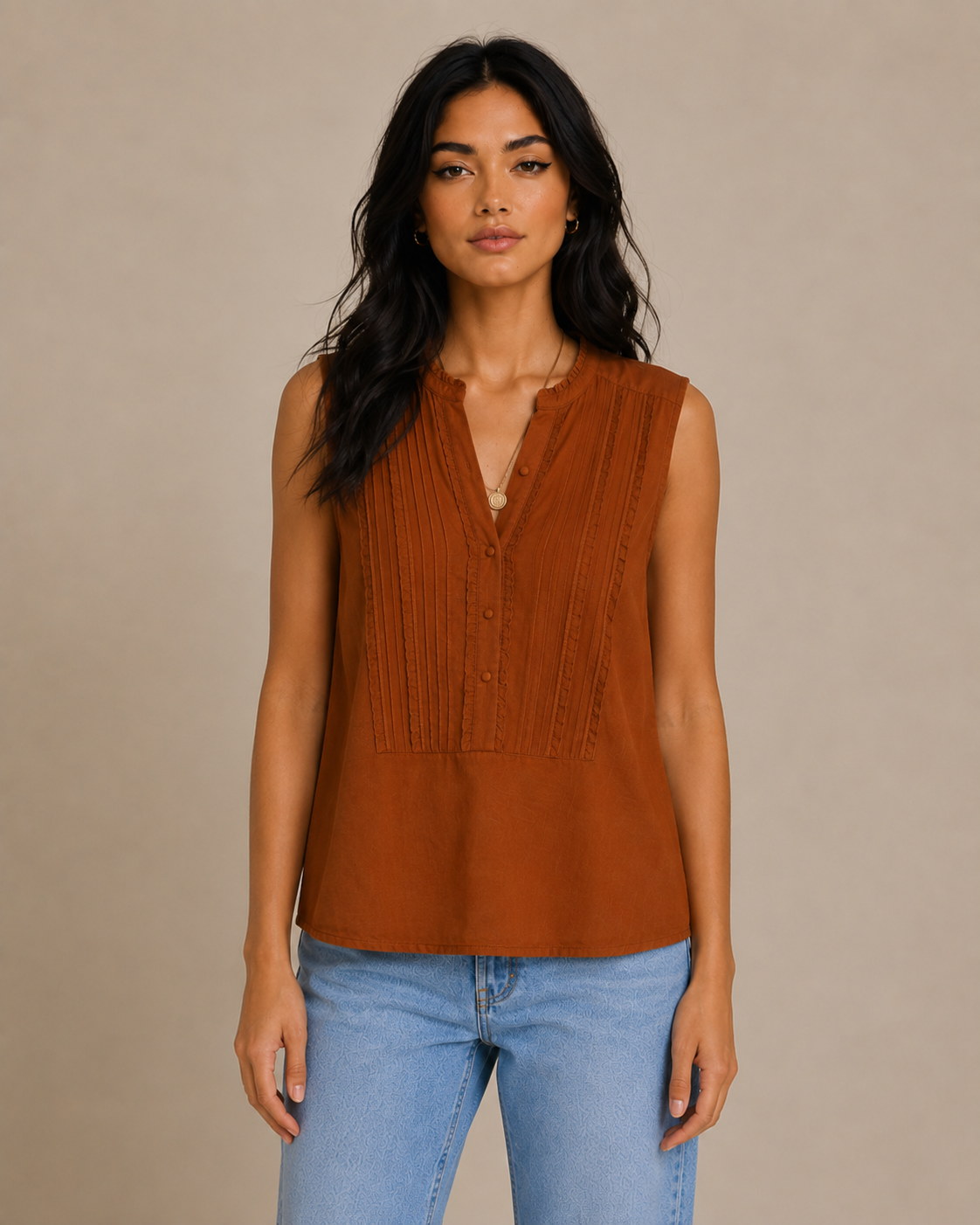 Women’s Rust Cotton Pintuck Button-Front Blouse