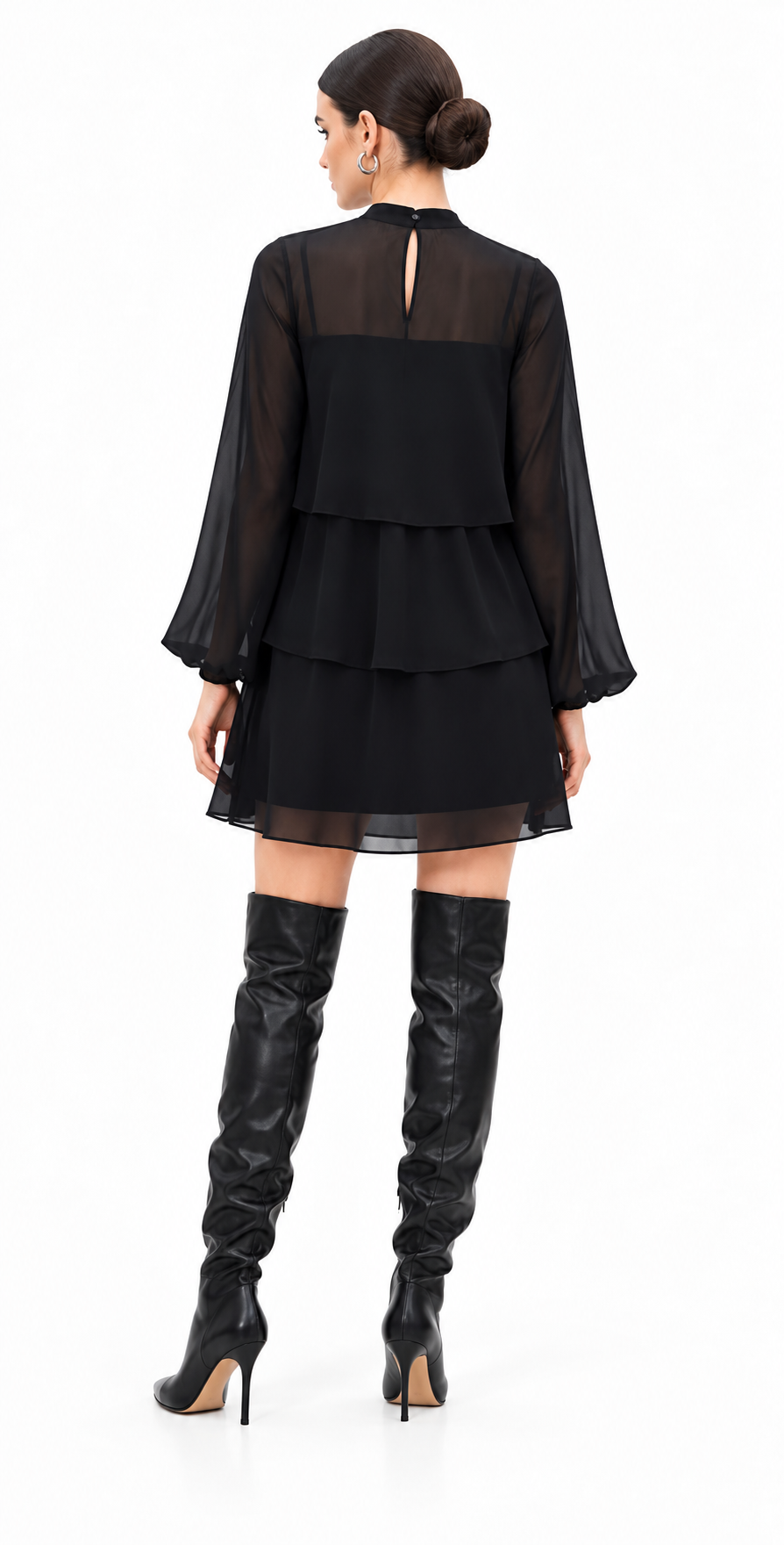 Black Poly Chiffon Layered Mini Dress