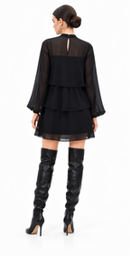 Black Poly Chiffon Layered Mini Dress