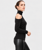 women's black cotton modal rib knit asymmetrical turtleneck top