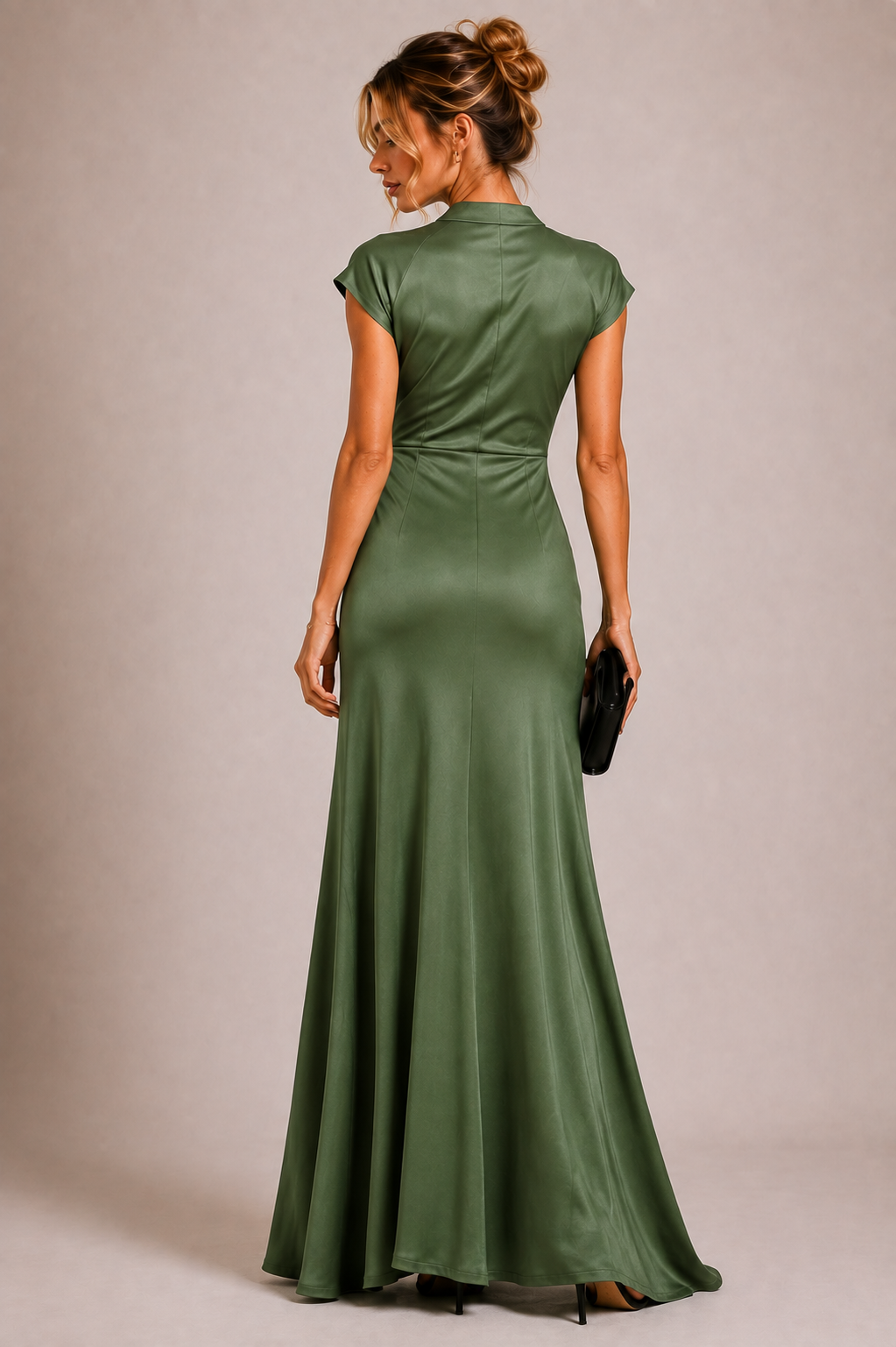Sage Green Crepe Wrap-Style Maxi Dress with Short Sleeves