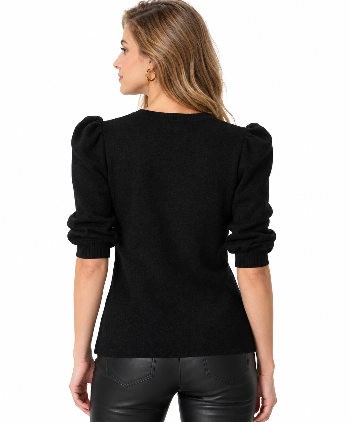 women's black wool blend rib knit puff sleeve sweater