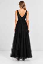 Black Sequin Mesh & Sheer Tulle Maxi Dress