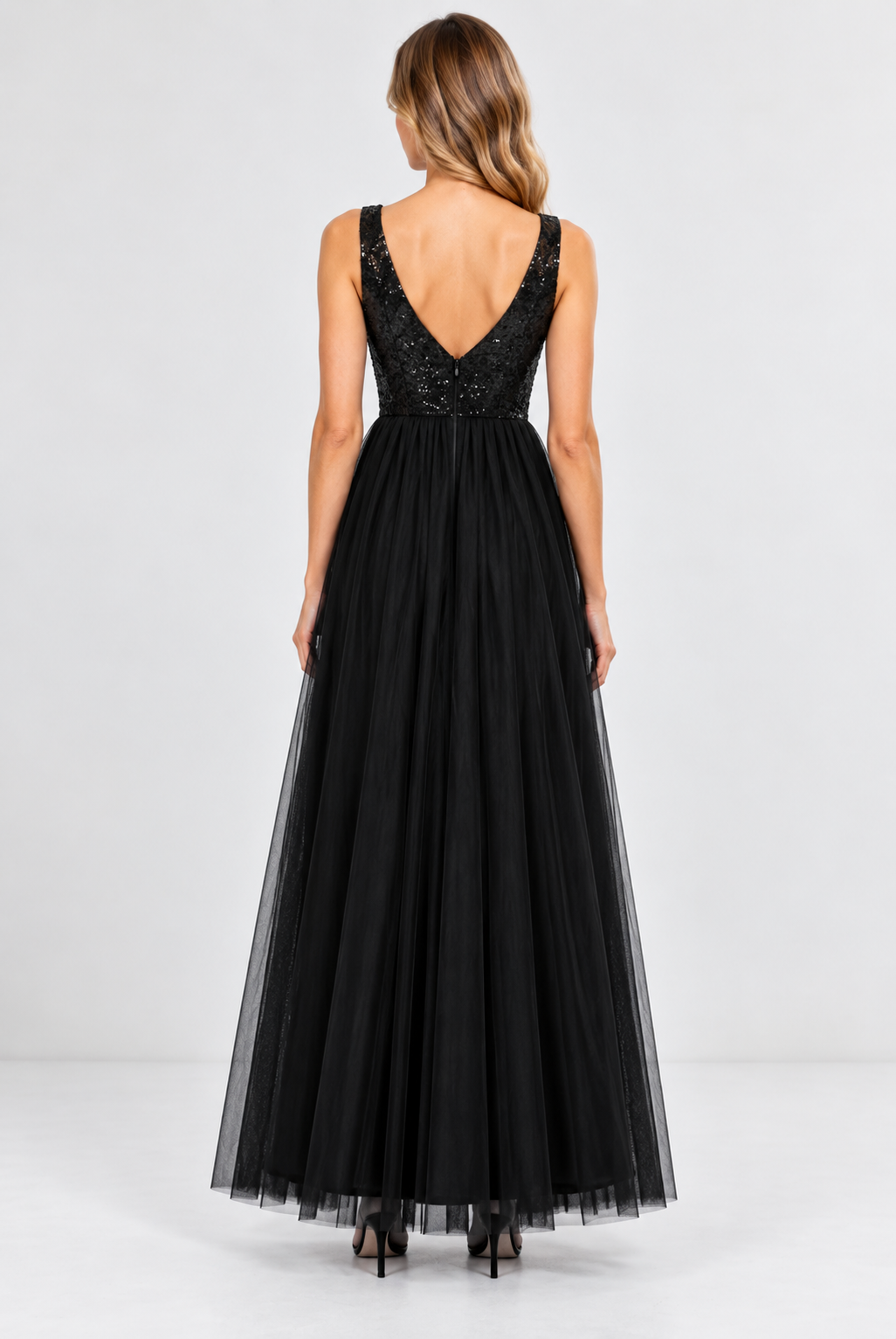 Black Sequin Mesh & Sheer Tulle Maxi Dress