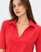 Red Linen Blend Knit Top for Women