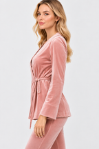 Women's Pink Velvet Wrap Jacket with Tie Waist and Flared Sleeves
