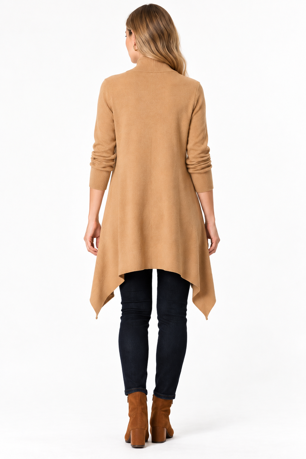 women's camel brown wool blend open-front longline cardigan with draped hem