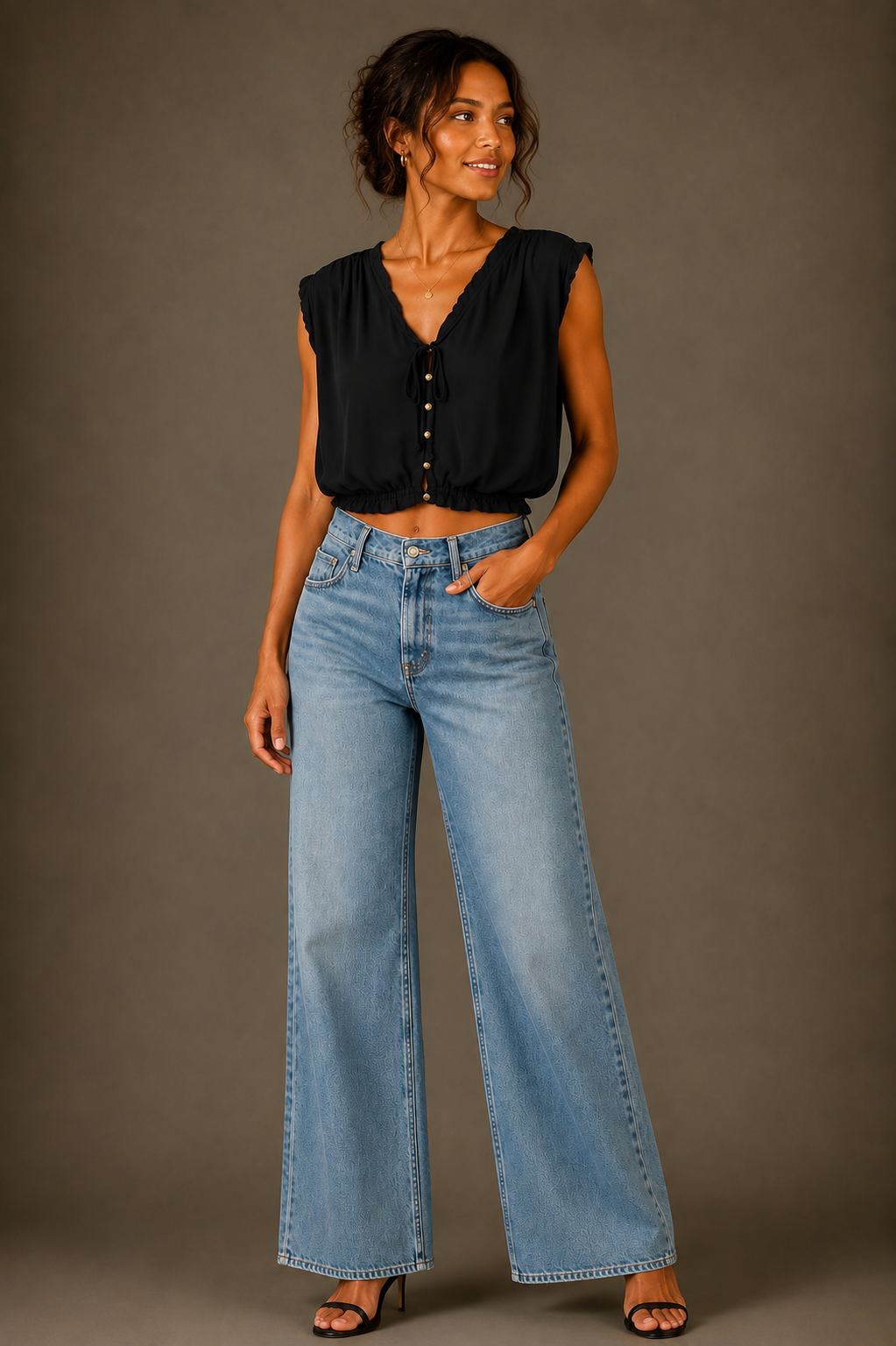 A woman modeling a black sleeveless cropped top with gold buttons and light-wash wide-leg blue jeans against a solid dark gray studio background.