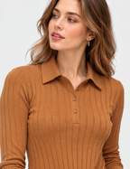 women's camel brown linen cotton rib knit collared tie-front top