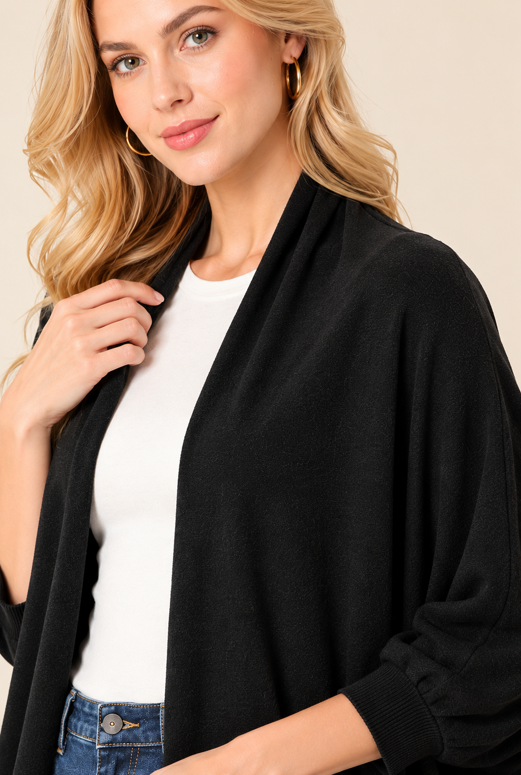 Women's Black Wool Knit Cardigan with Open Front and Relaxed Fit