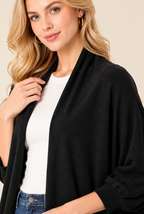 Women's Black Wool Knit Cardigan with Open Front and Relaxed Fit