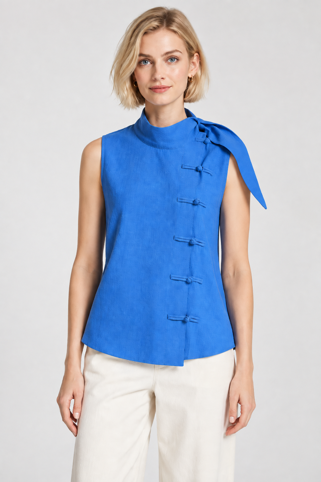 Women’s Blue Cotton Mandarin Collar Tie-Detail Top