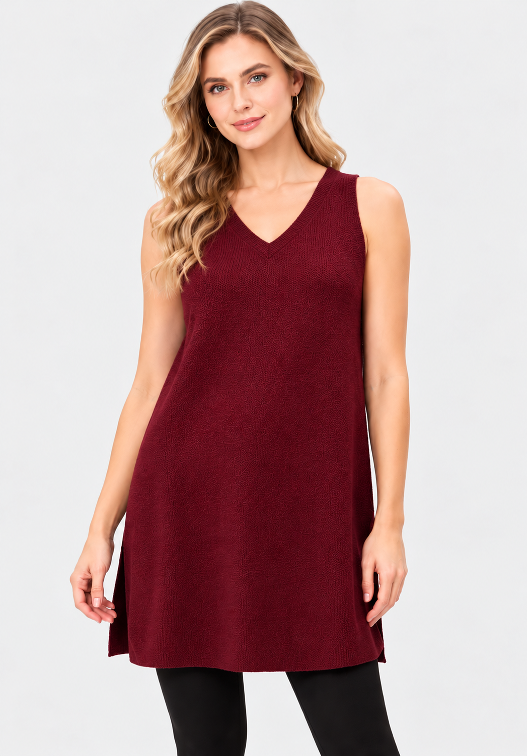 Women's Burgundy Wool Knit Sleeveless Turtleneck Tunic Top