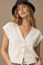 women's white cotton v-neck button-down knit top