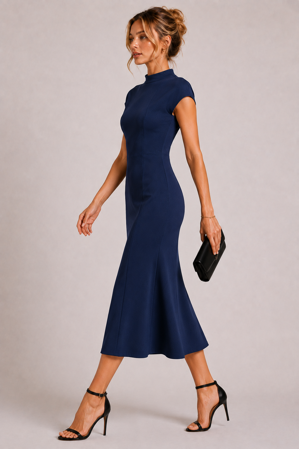 Navy Blue Polyester Fitted Midi Dress