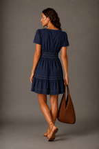 Navy Blue Tiered Cotton Mini Dress