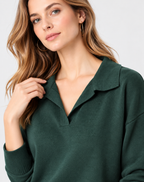 women's dark green jersey knit sweater with polo collar and ribbed cuffs