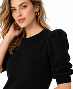 women's black wool blend rib knit puff sleeve sweater