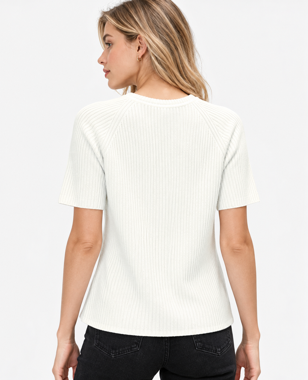 women's ivory linen cotton rib knit short sleeve top