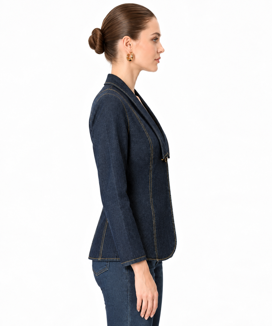 Women's Dark Blue Denim Blazer Jacket with Contrast Stitching & Shawl Lapel | Tailored Casual Jacket