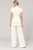 Women's Ivory White Twill Wrap Vest with Self-Tie Belt | Sleeveless V-Neck Waistcoat