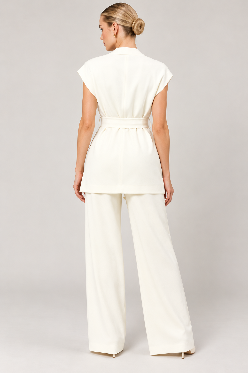 Women's Ivory White Twill Wrap Vest with Self-Tie Belt | Sleeveless V-Neck Waistcoat