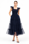 Women’s Navy Blue Sheer Tulle Tiered Maxi Dress with Ruffle Straps