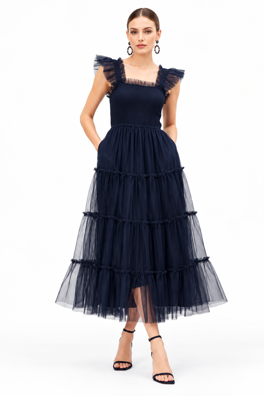 Women’s Navy Blue Sheer Tulle Tiered Maxi Dress with Ruffle Straps