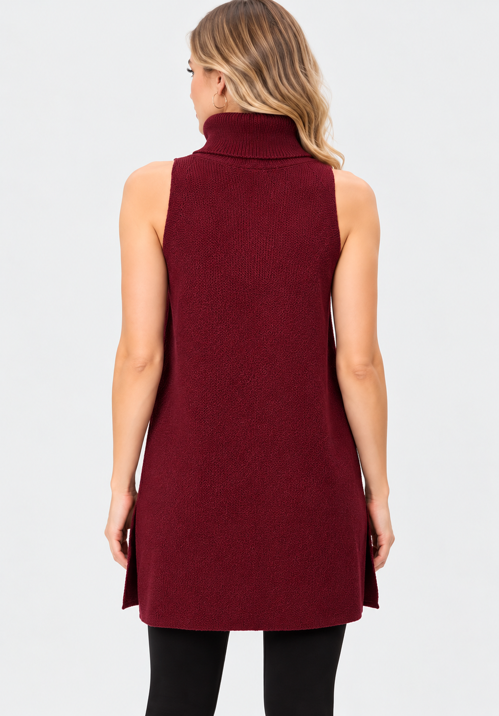 Women's Burgundy Wool Knit Sleeveless Turtleneck Tunic Top