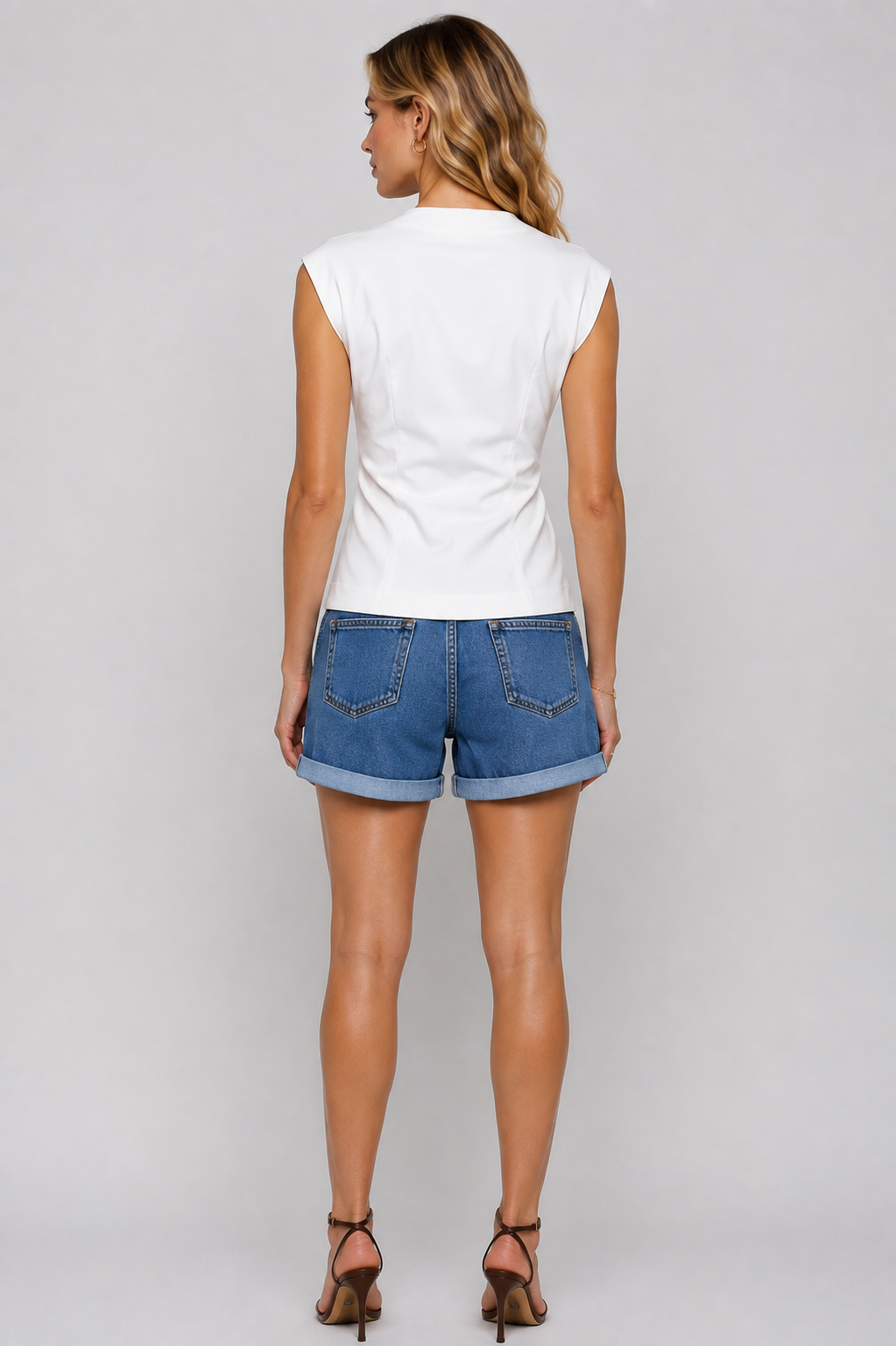White Poly Rayon Wrap Front V-Neck Sleeveless Top with Buckle Detail