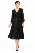 Black Sequin Mesh Wrap Midi Dress