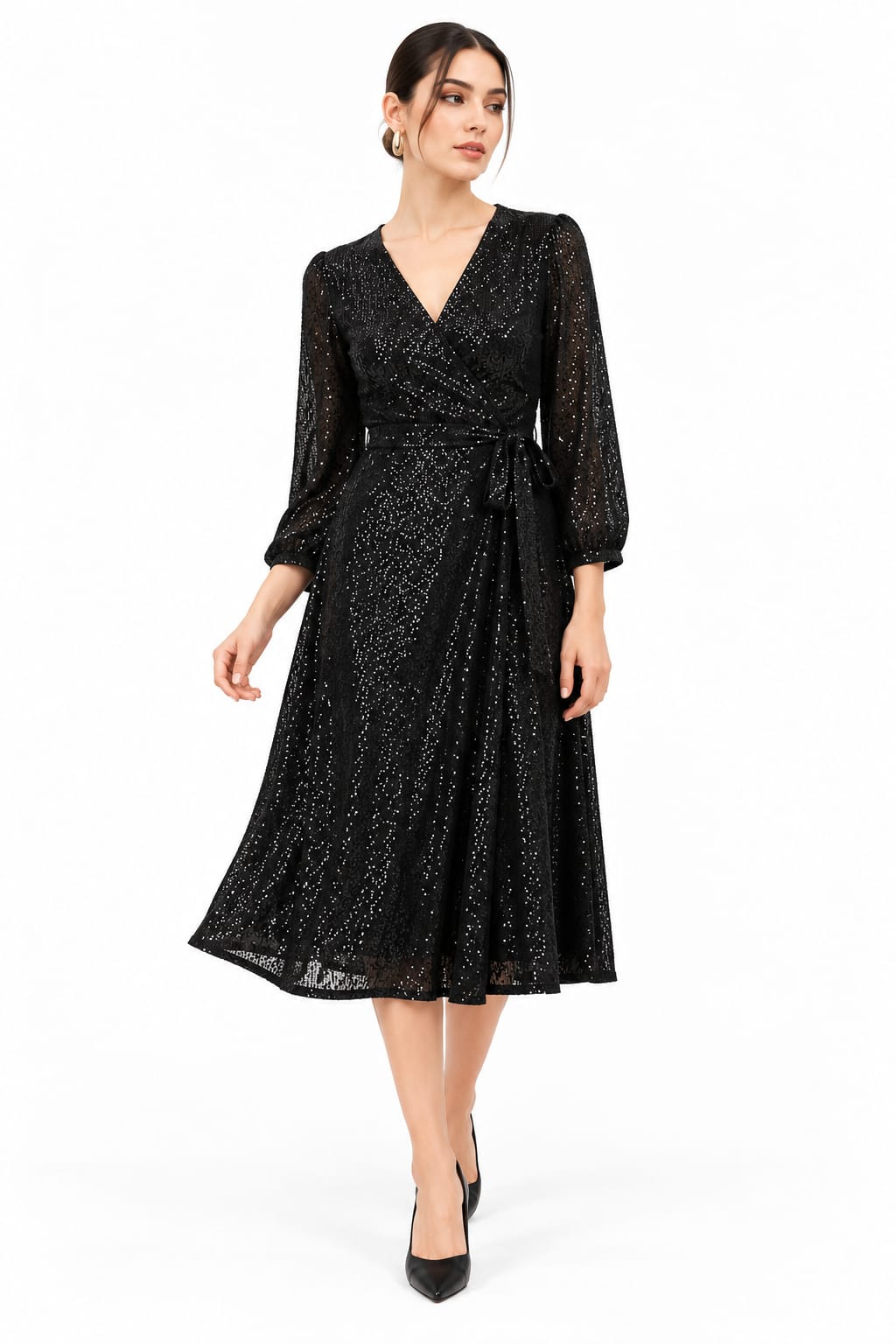 Black Sequin Mesh Wrap Midi Dress