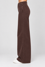 women's brown cotton lycra wide-leg jeans with high-rise fit